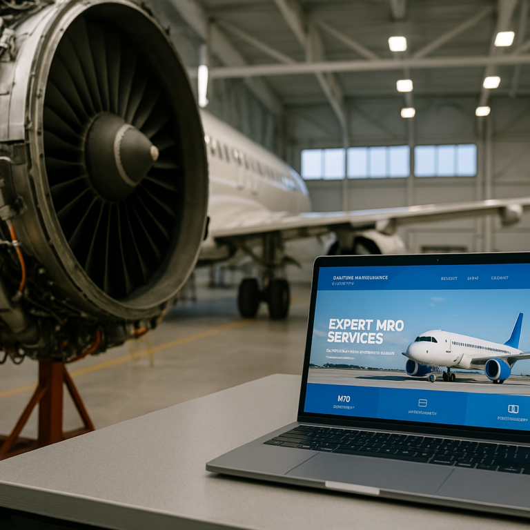 A high-resolution image of a commercial airplane engine being serviced inside an MRO hangar, with a laptop nearby showing an aviation company website.