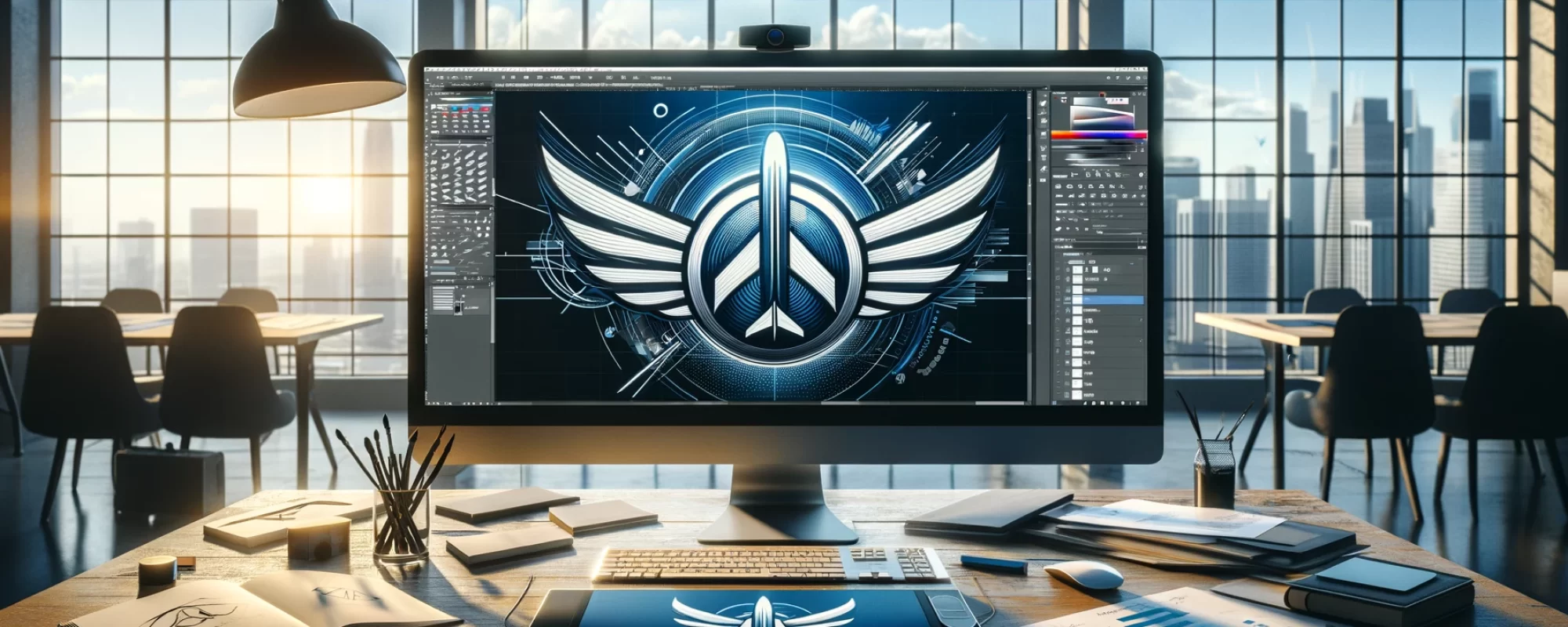 DALL·E 2024-02-18 18.28.48 - Create a wide, photorealistic image depicting the process of designing an aviation company logo. The scene is set in a modern, well-lit design studio