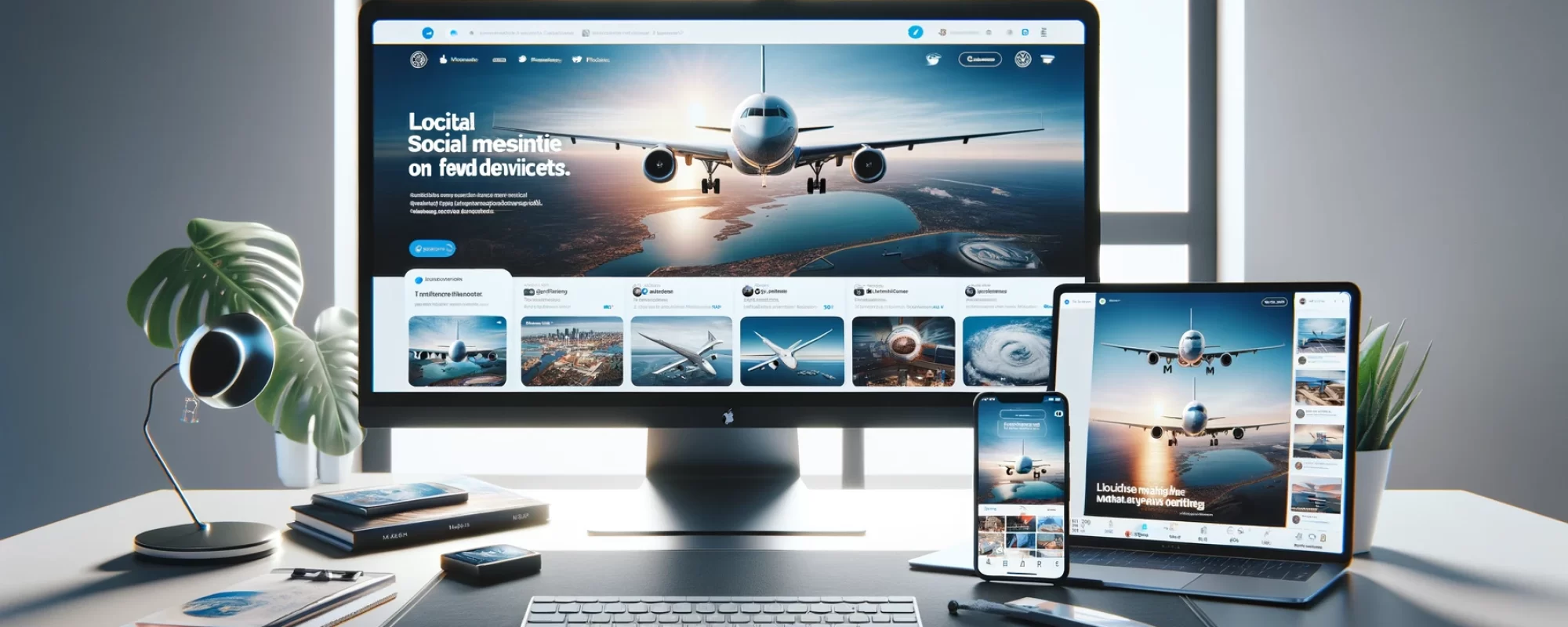 DALL·E 2024-02-18 18.31.21 - Create a wide, photorealistic image showcasing an aviation company's social media presence on fewer devices, focusing on a desktop monitor and a smart