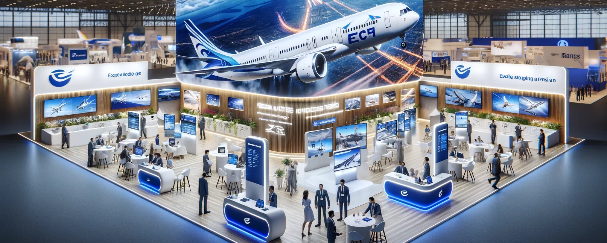 DALL·E 2024-02-18 18.32.59 - Create another wide, photorealistic image of an aviation company's booth at a trade show, showcasing a different layout and design. This booth is set