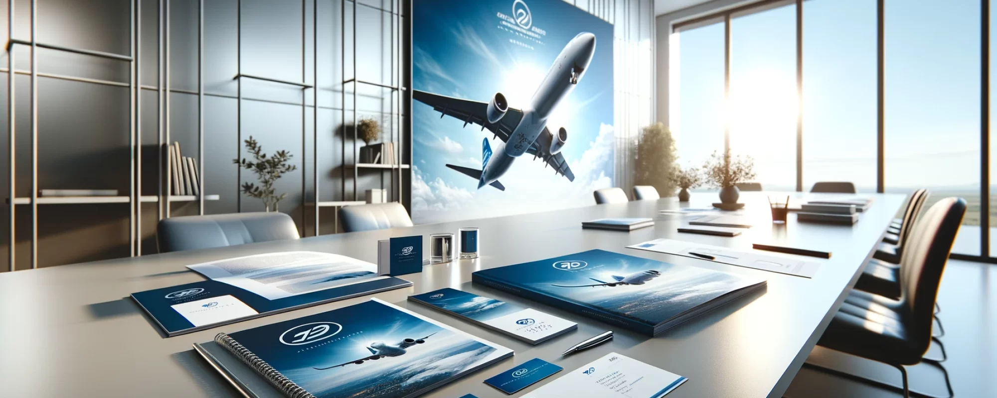 DALL·E 2024-02-18 18.51.47 - Create a wide, photorealistic image showcasing a simplified selection of marketing materials for an aviation company, focusing on fewer items for a cl